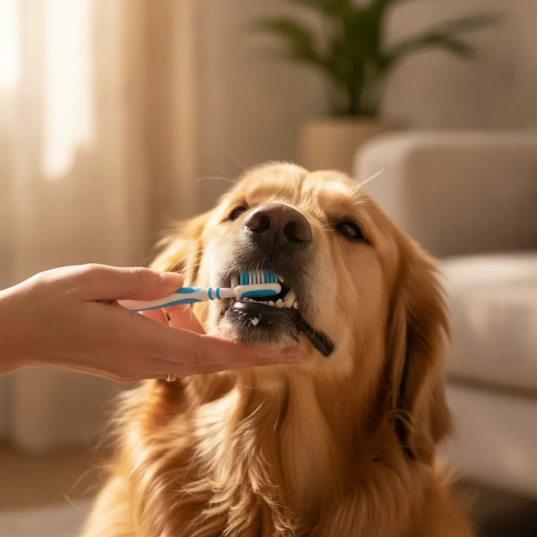 Brossage des dents d'un chien avec une poudre dentaire Kriath Dental Bright