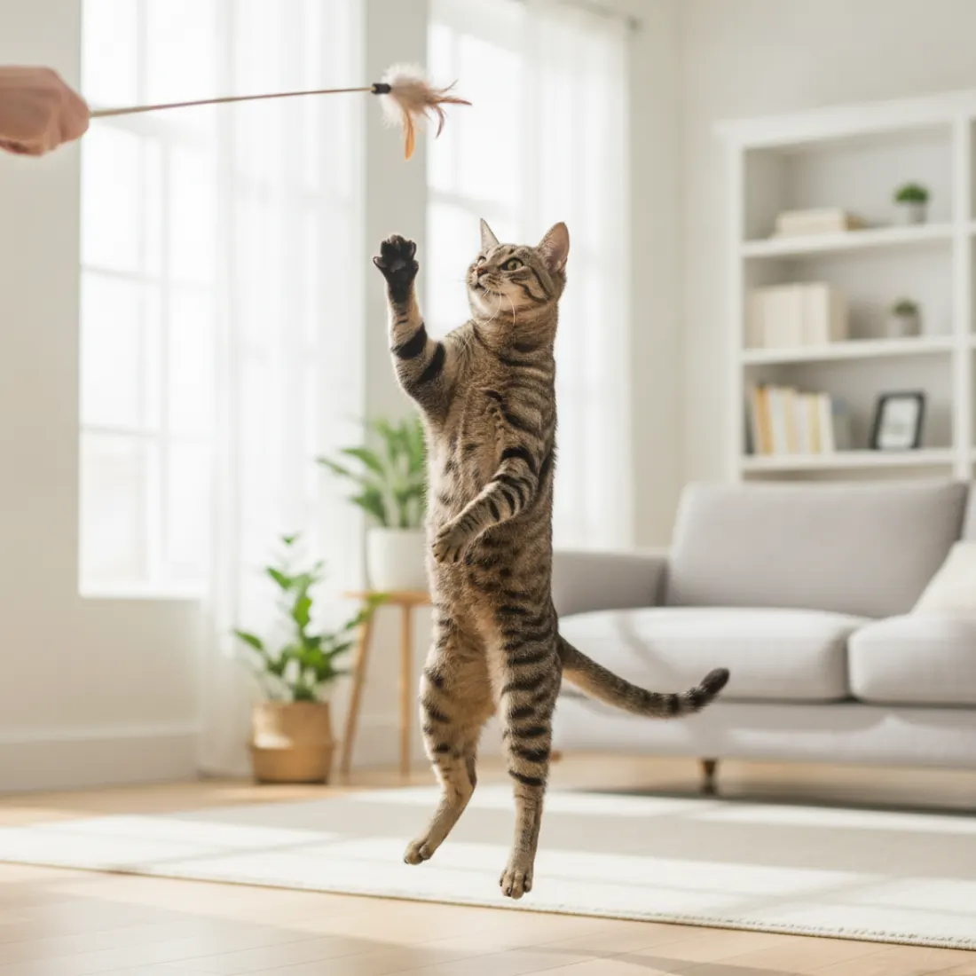 Chat actif au poids idéal jouant, gestion du surpoids soutenue par l'alimentation Caats