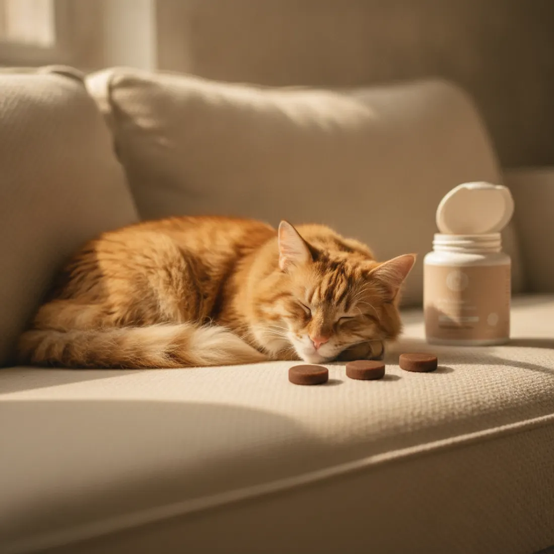 Chat apaisé avec une bouchée Zylkene Chews à côté