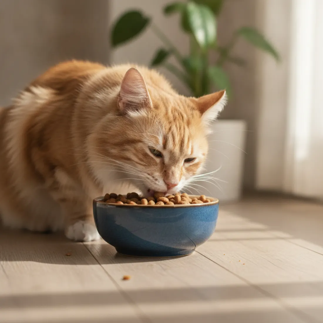 Chat mangeant calmement ses croquettes, confort digestif retrouvé avec Monge VetSolution Gastrointestinal