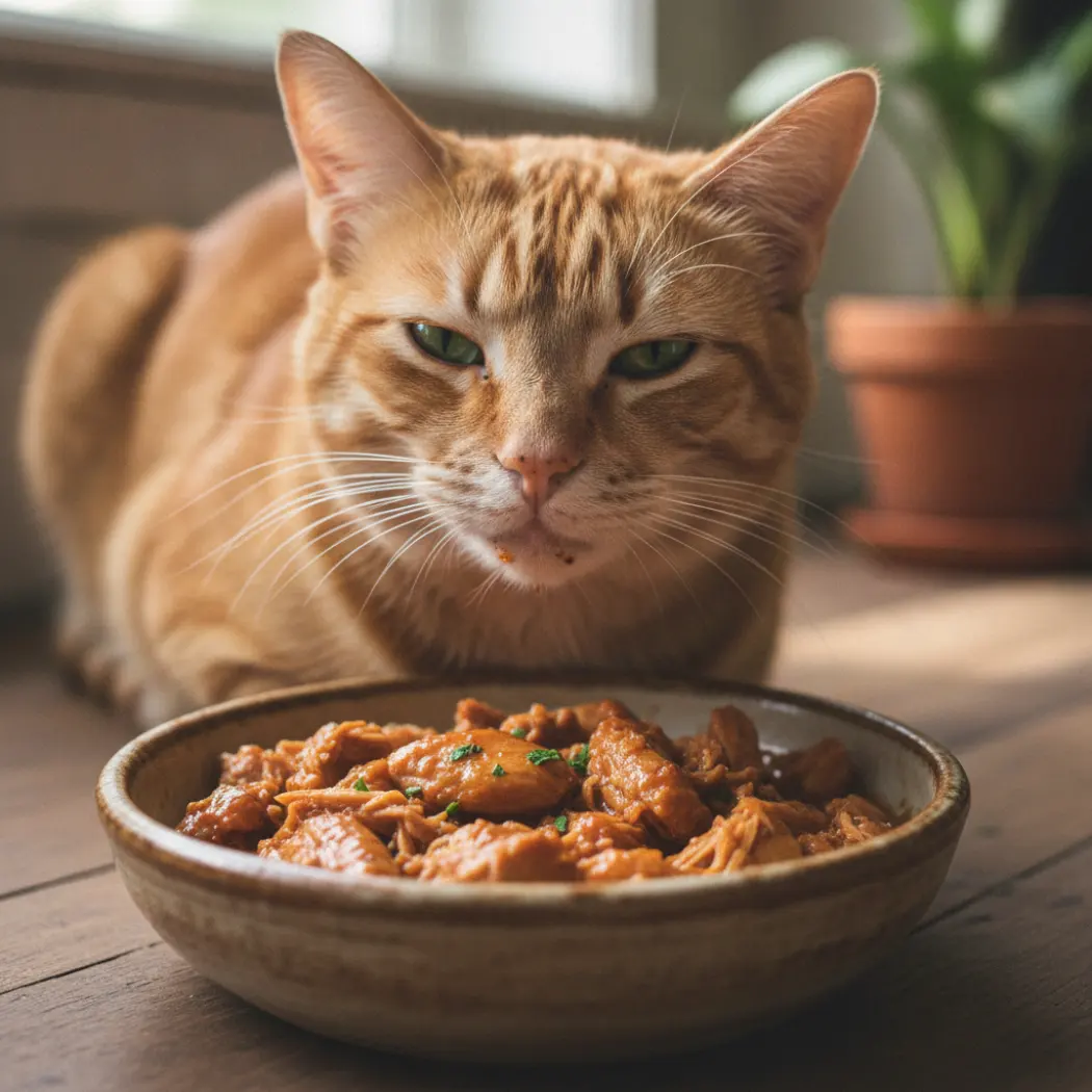 Chat dégustant des effilés en sauce Équilibre & Instinct, repas hydratant