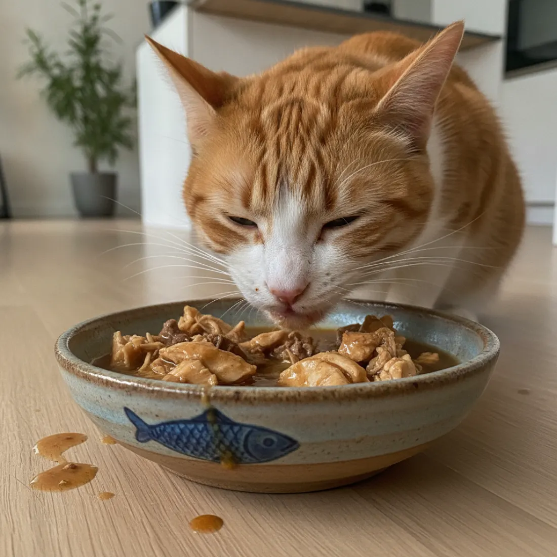 Chat mangeant des effilochés en sauce Caats, hydratation et plaisir