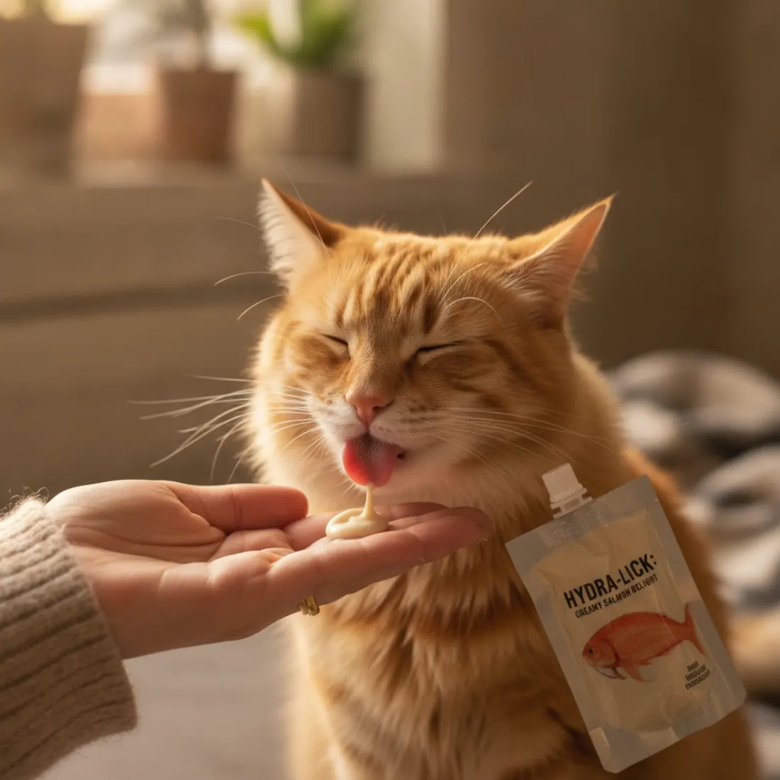 Chat léchant une friandise crémeuse Franklin thon-saumon