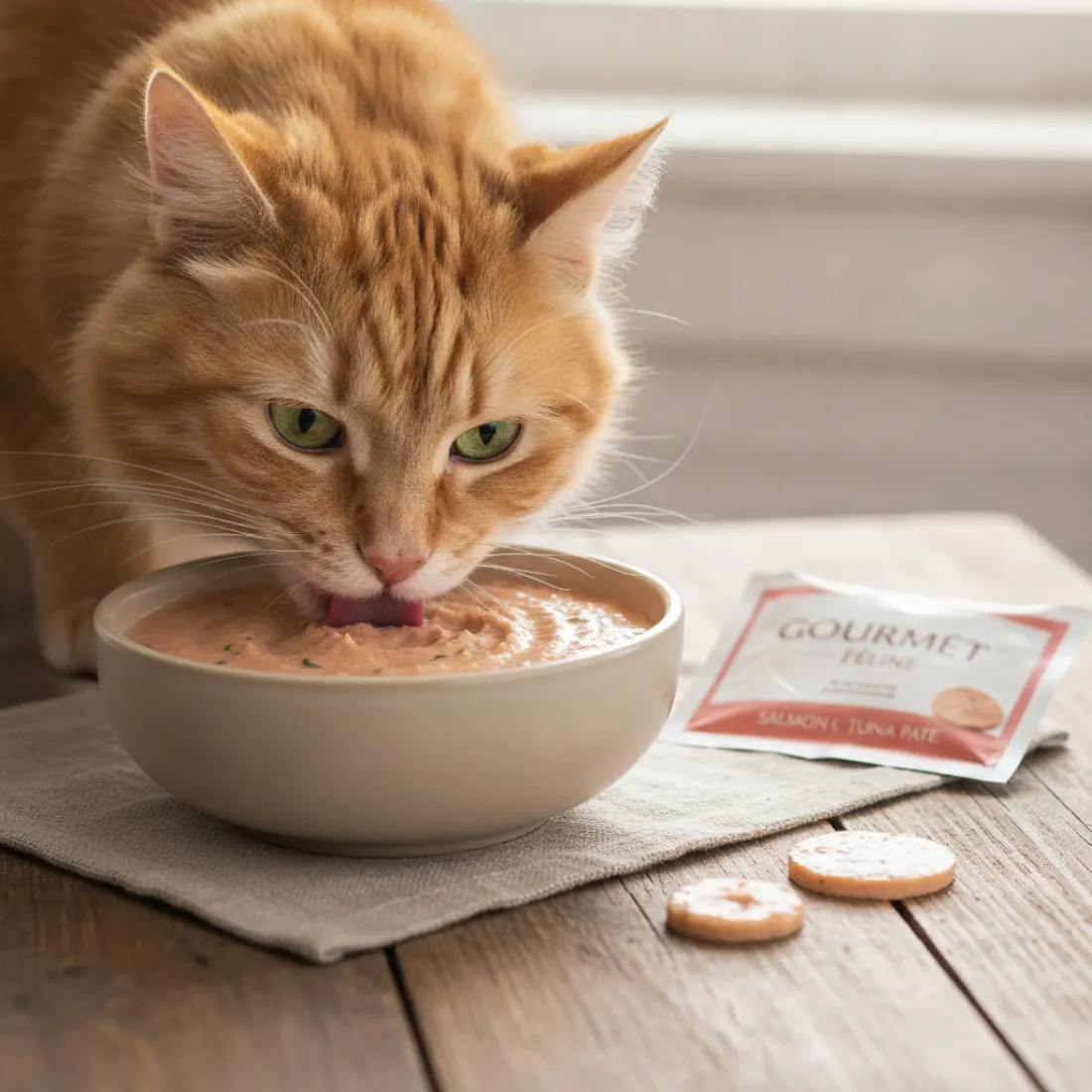 Chat gourmand se régalant d'une pâtée Sheba en terrine