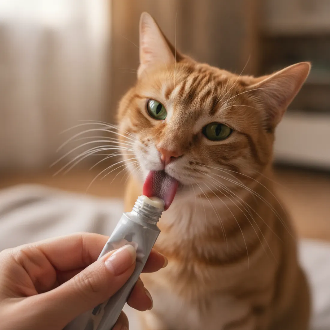 Chat léchant une friandise crémeuse Franklin dans un tube, moment plaisir et hydratation
