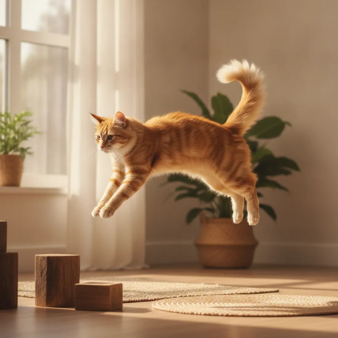 Chat agile sautant avec souplesse, illustrant la mobilité articulaire soutenue par les friandises Vitamii