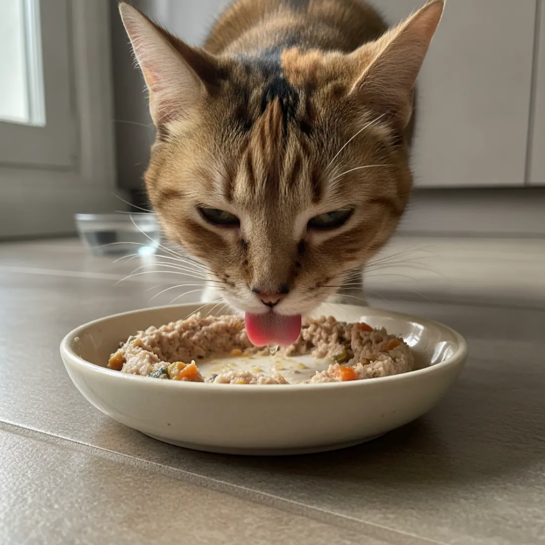 Chat mangeant une pâtée humide, hydratation et appétit soutenus avec Monge VetSolution Gastrointestinal