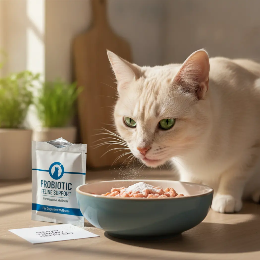 Chat mangeant sa ration avec un sachet de probiotique FortiFlora