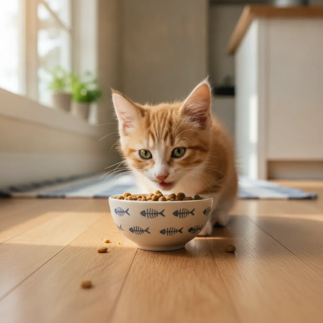 Chaton en bonne santé mangeant ses croquettes, alimentation de croissance Caats