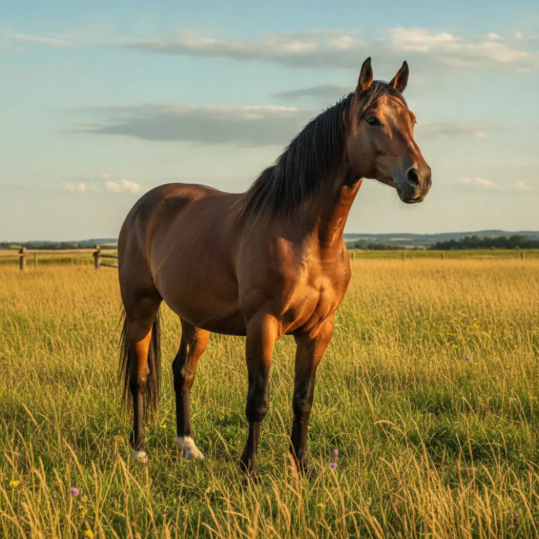 Cheval senior en forme et au poil brillant, soutenu par ESC Equicomplément