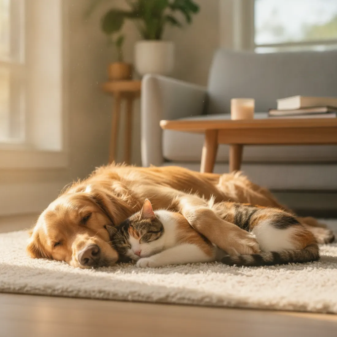 Chien et chat calmes et détendus ensemble, apaisés par Virbac Telizen