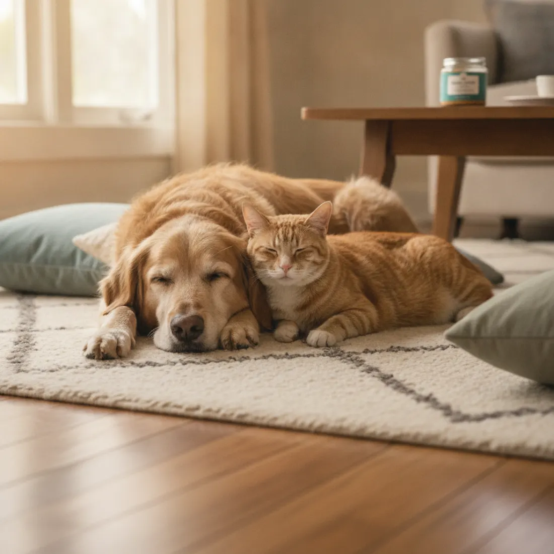 Chien et chat âgés au repos, confort articulaire soutenu par la poudre NaturoVet Complexe Souplesse