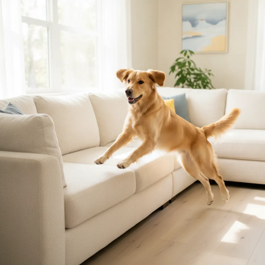 Chien sautant aisément sur un canapé, mobilité des hanches soutenue par Animigo