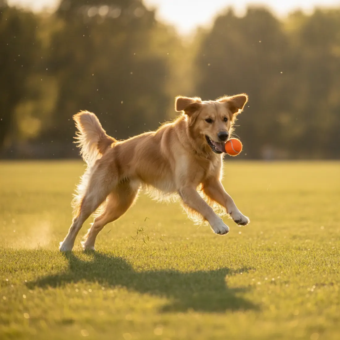 Chien sautant avec énergie pour attraper une balle, mobilité articulaire soutenue par Acevit Mobilité Avancée
