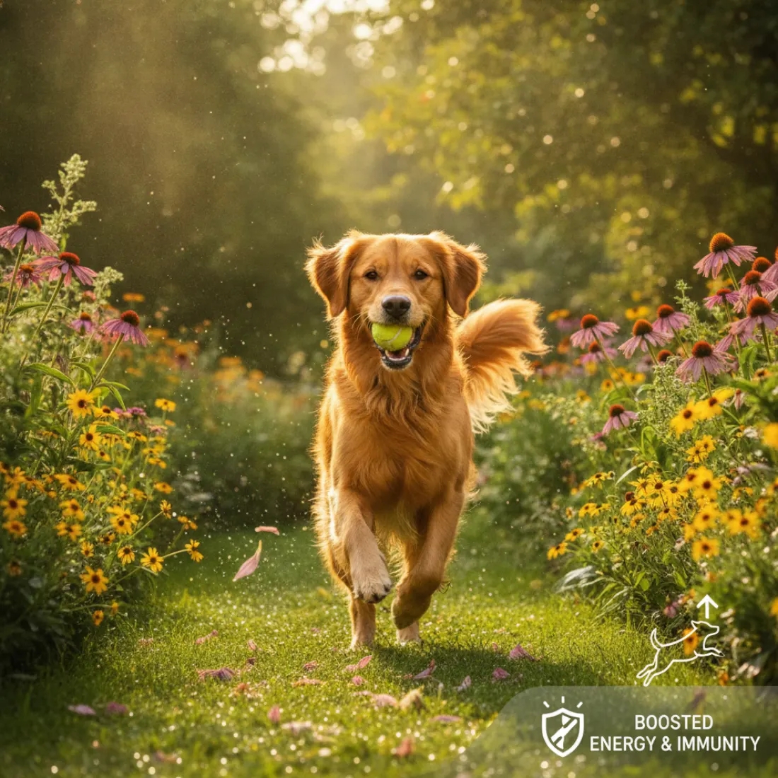 Chien plein de vitalité et d'énergie, soutenu par la poudre Immunité Museau & Co