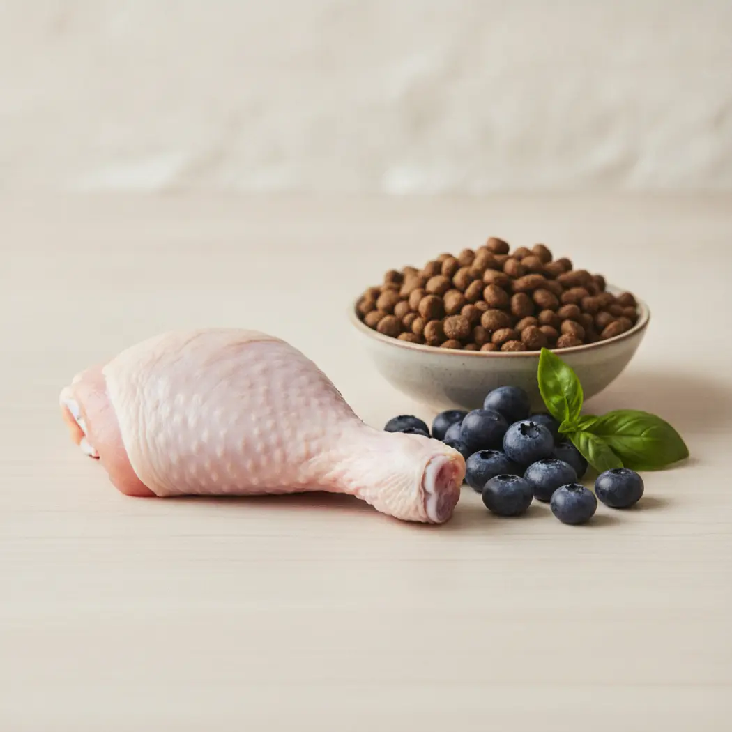 Poulet, myrtille et basilic, ingrédients des croquettes chat senior Franklin