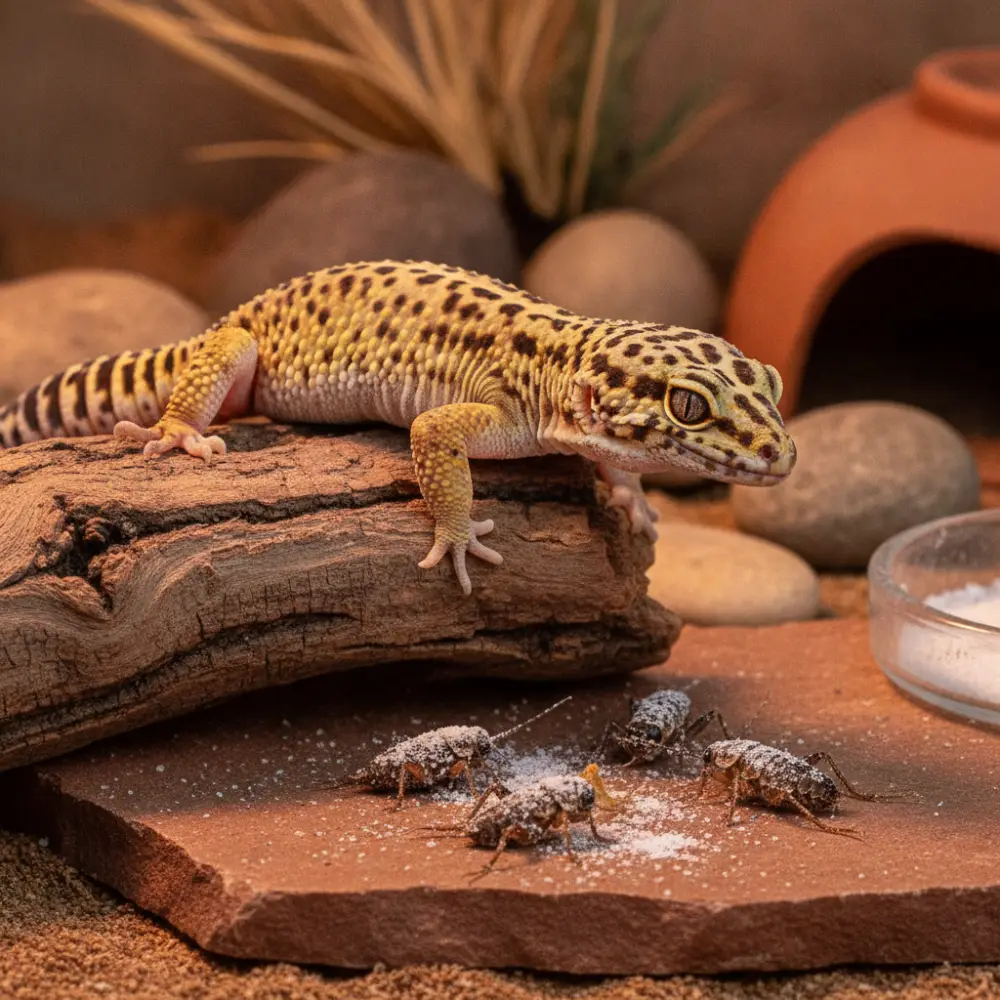 Gecko en bonne santé osseuse grâce au calcium Reptile Systems, insectes saupoudrés