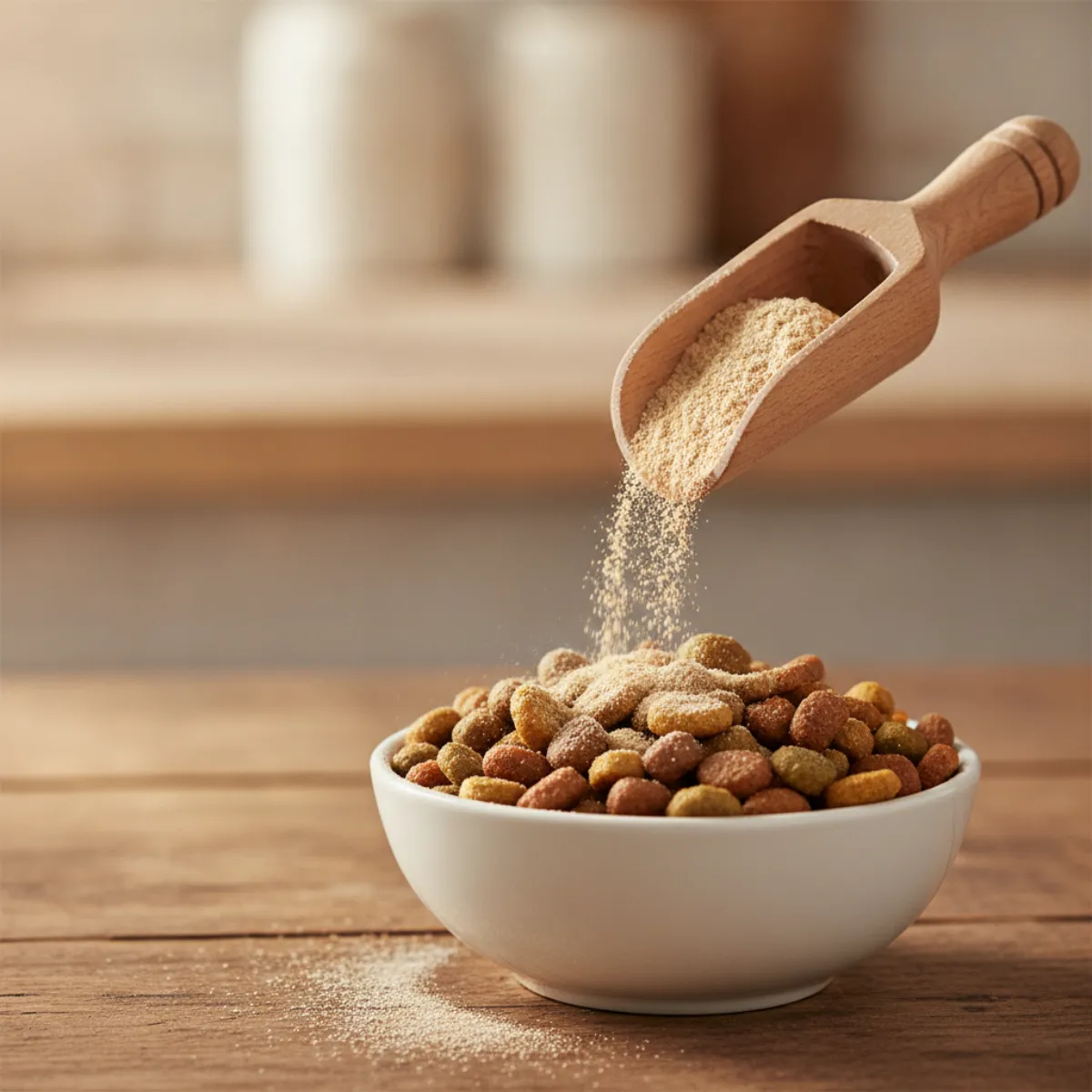 Poudre complément alimentaire Kriath Super Food saupoudrée sur une gamelle de croquettes pour chien