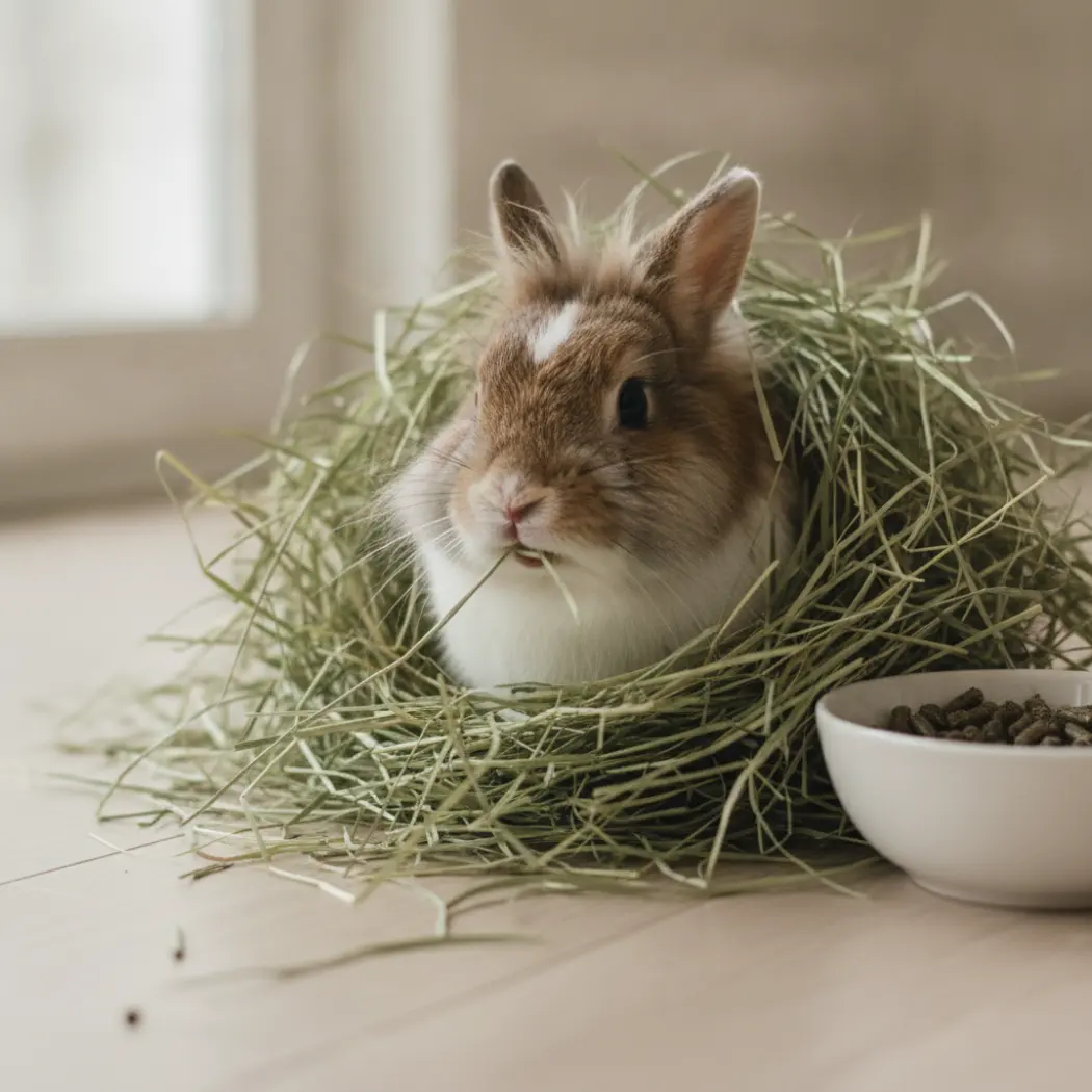 Lapin nain mangeant du foin, base de l'alimentation, avec quelques granulés HamiForm Optima