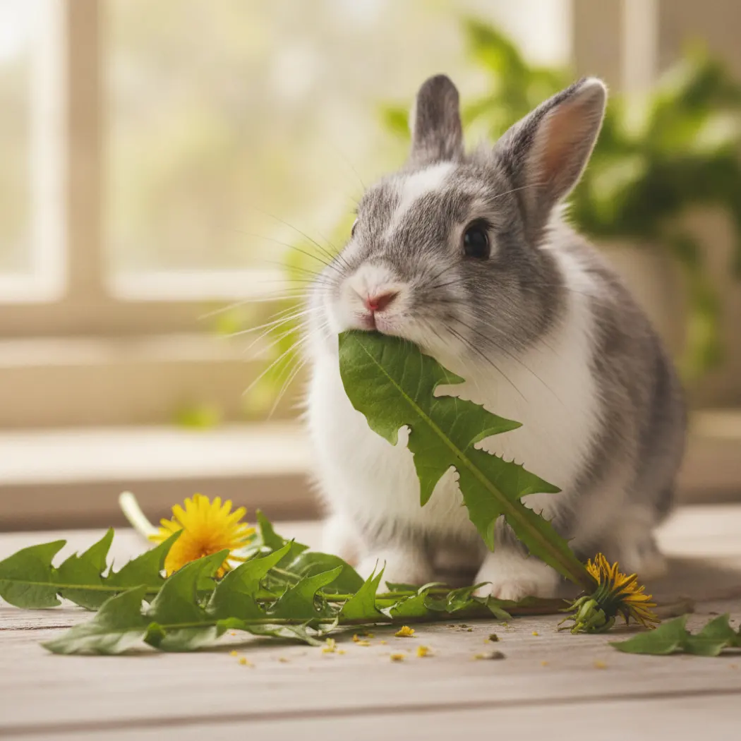 Lapin nain mangeant des feuilles de pissenlit Haynest, friandise naturelle