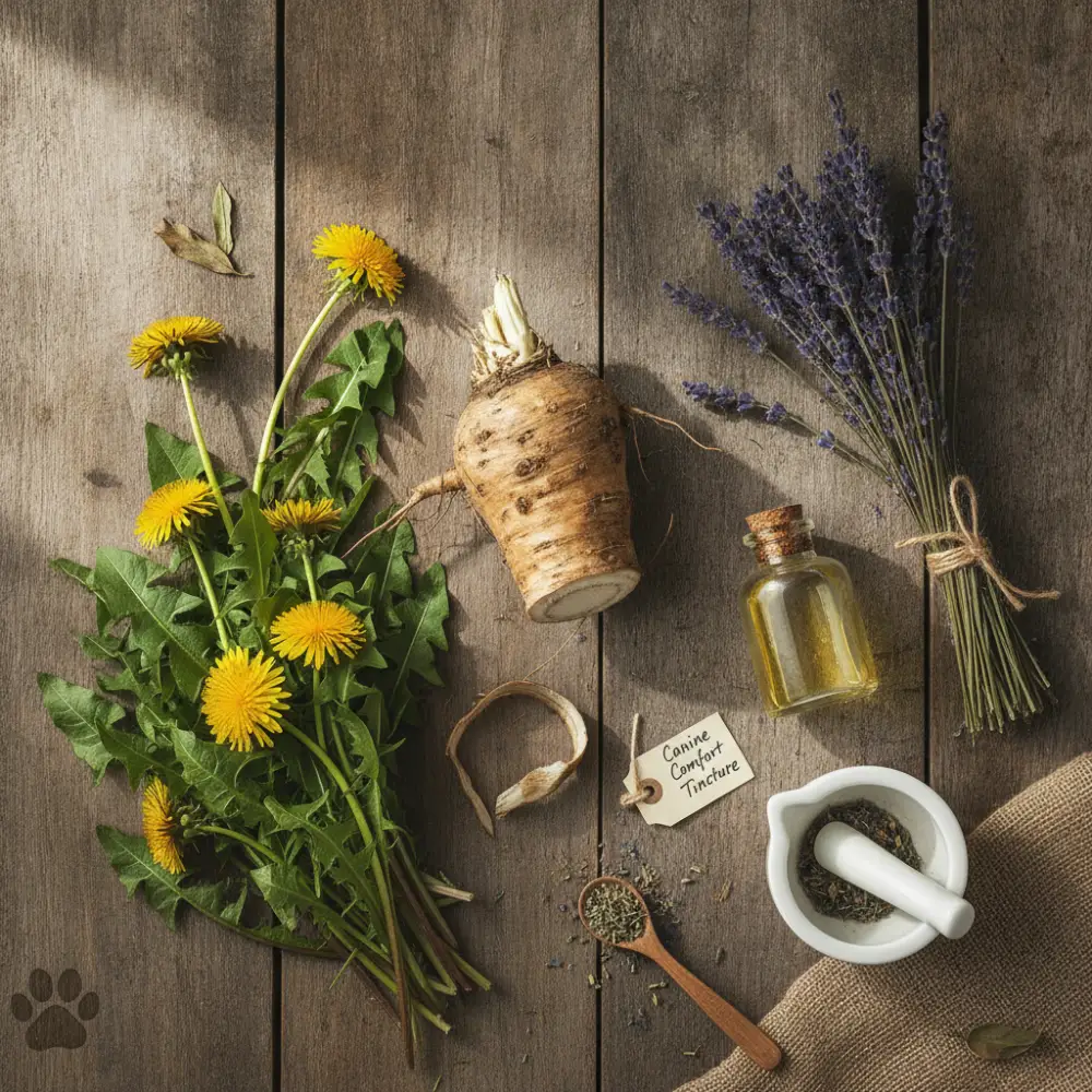 Bardane, pissenlit et lavande, plantes actives de la poudre anti-démangeaisons Museau & Co pour chien et chat