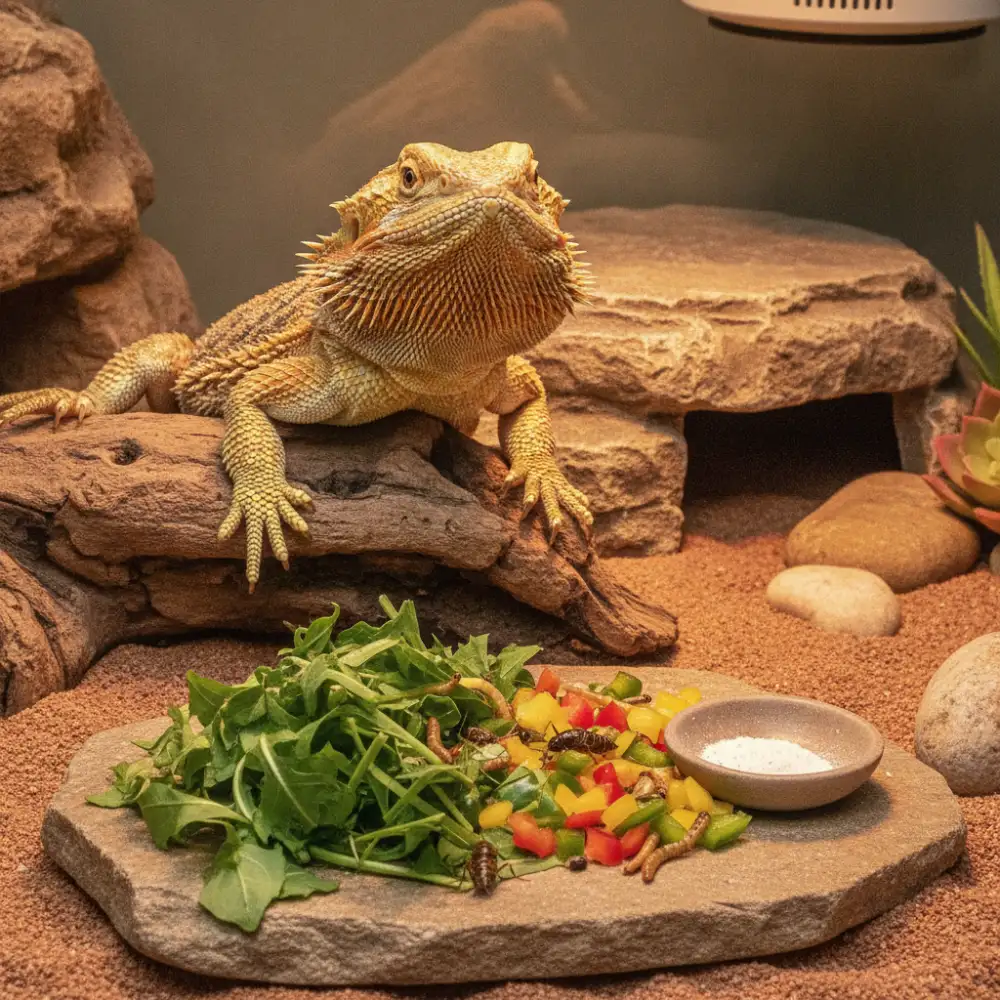 Pogona en terrarium nourri avec Arcadia OmniGold, aliment reptiles omnivores