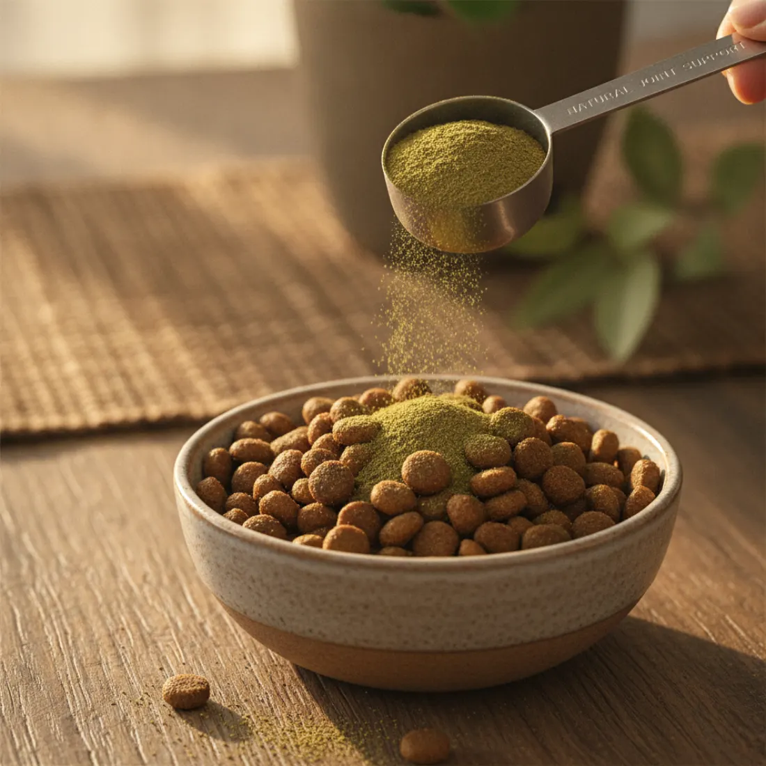 Poudre de moule verte Atavik saupoudrée sur la gamelle, chondroprotecteur naturel pour chien et chat