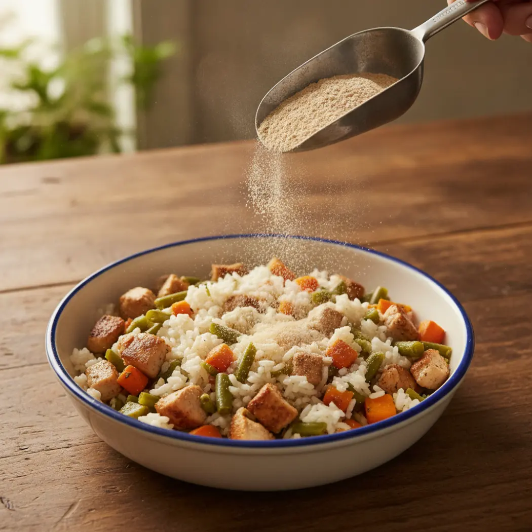 Ration ménagère maison (viande, riz, légumes) équilibrée avec Vit'i5 Bleu Senior