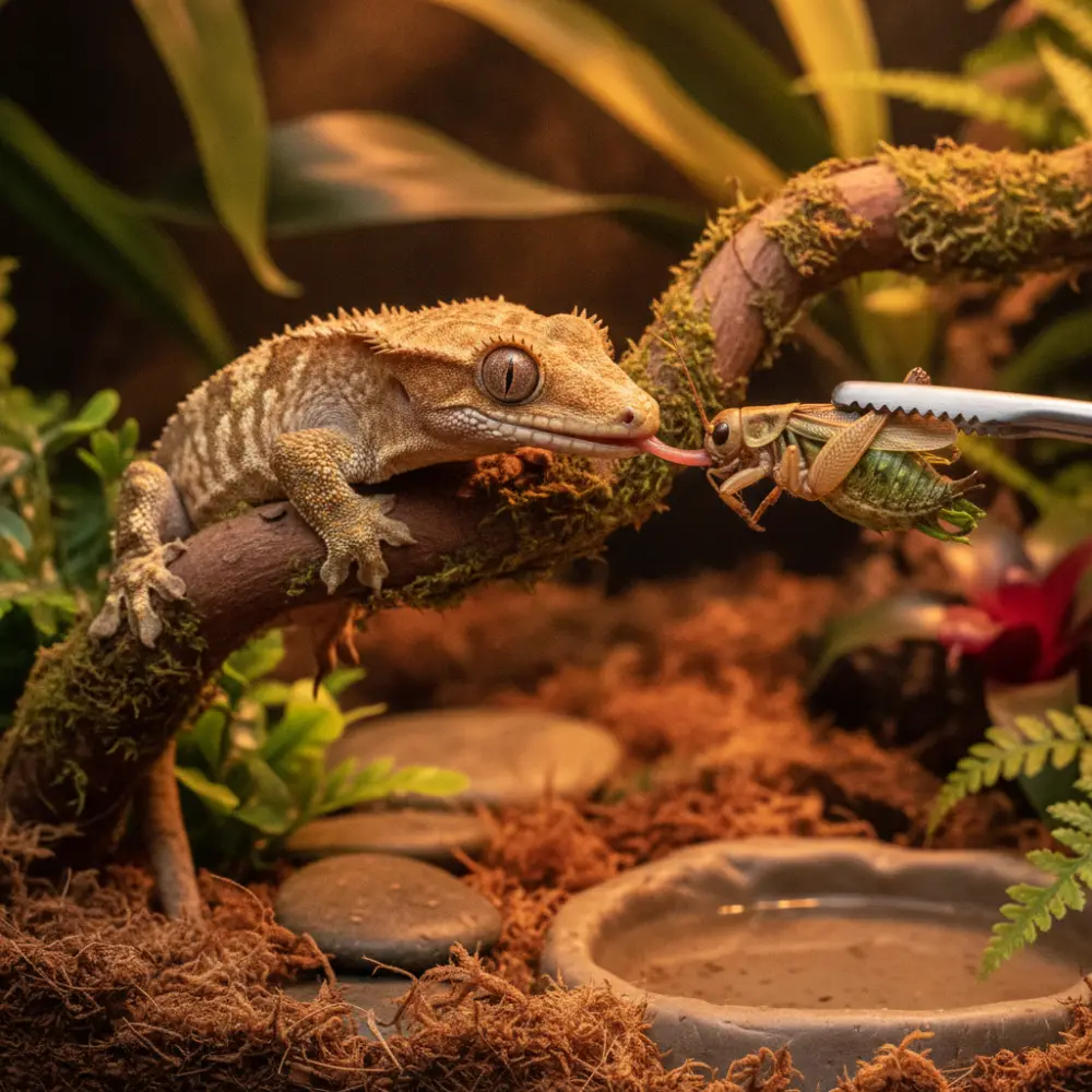 Reptile insectivore mangeant un insecte gavé grâce à Insect Food Booster