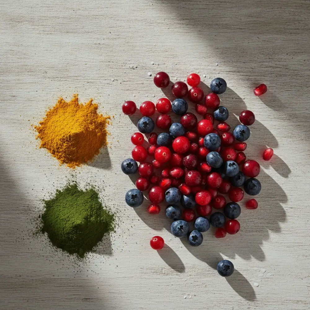 Super-aliments cranberry, myrtille, grenade, curcuma et spiruline composant la poudre VetLabs Santé & Longévité pour chien